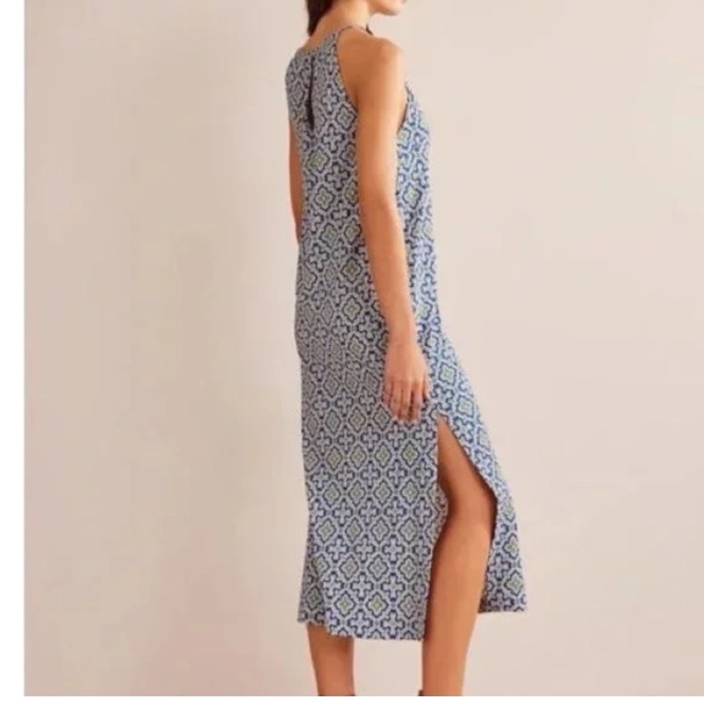 Boden Geometric Print racer back Halter Neck Midi Dress Blue White Green Size 6R - Picture 4 of 8